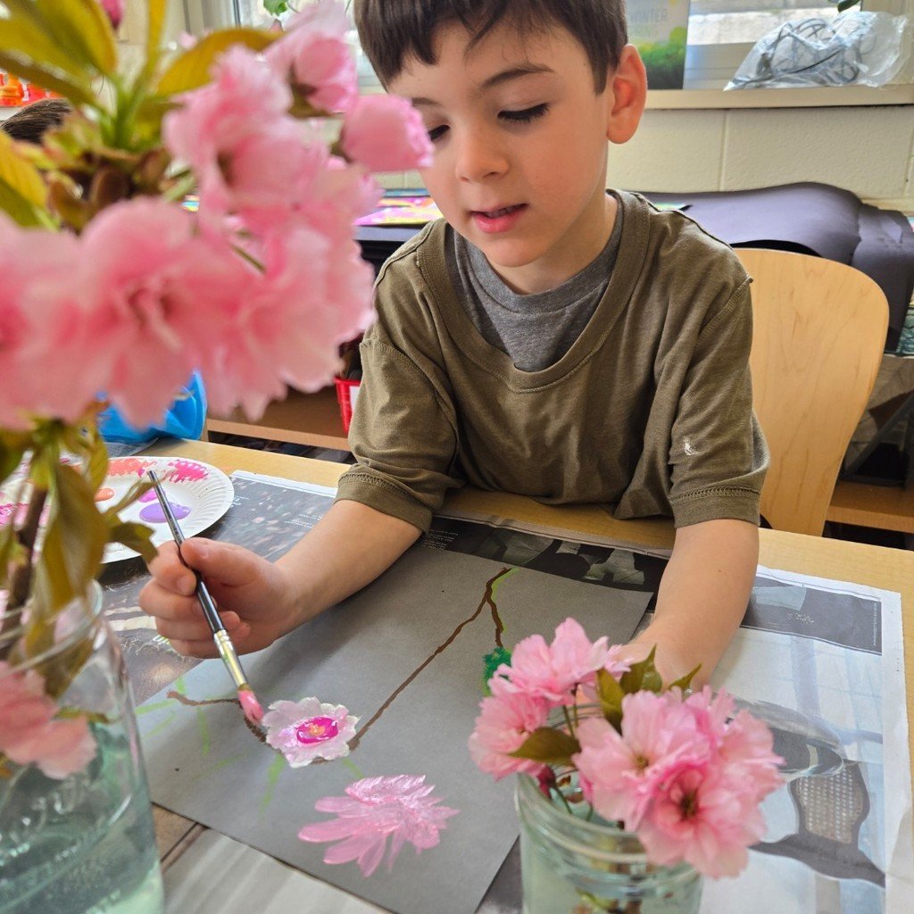 WPSSicomac's tweet photo. Artists using inspiration from the garden. We read Have You Ever Seen a Flower and carefully observed cherry blossom branches.  Using tempera on gray paper, students created observational paintings. https://t.co/q5nuwXNX1w
