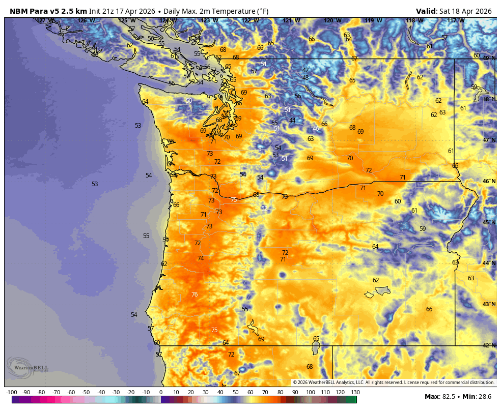 WhidbeyWXGuy's tweet photo. Several days of beautiful Spring and even early Summer-like warmth are coming to the PNW through Tuesday with widespread 70s away from the water and 80s in parts of Eastern Washington! Most of the sun will be filtered through high clouds, but it will still be very nice. https://t.co/yBYRnhiNCe