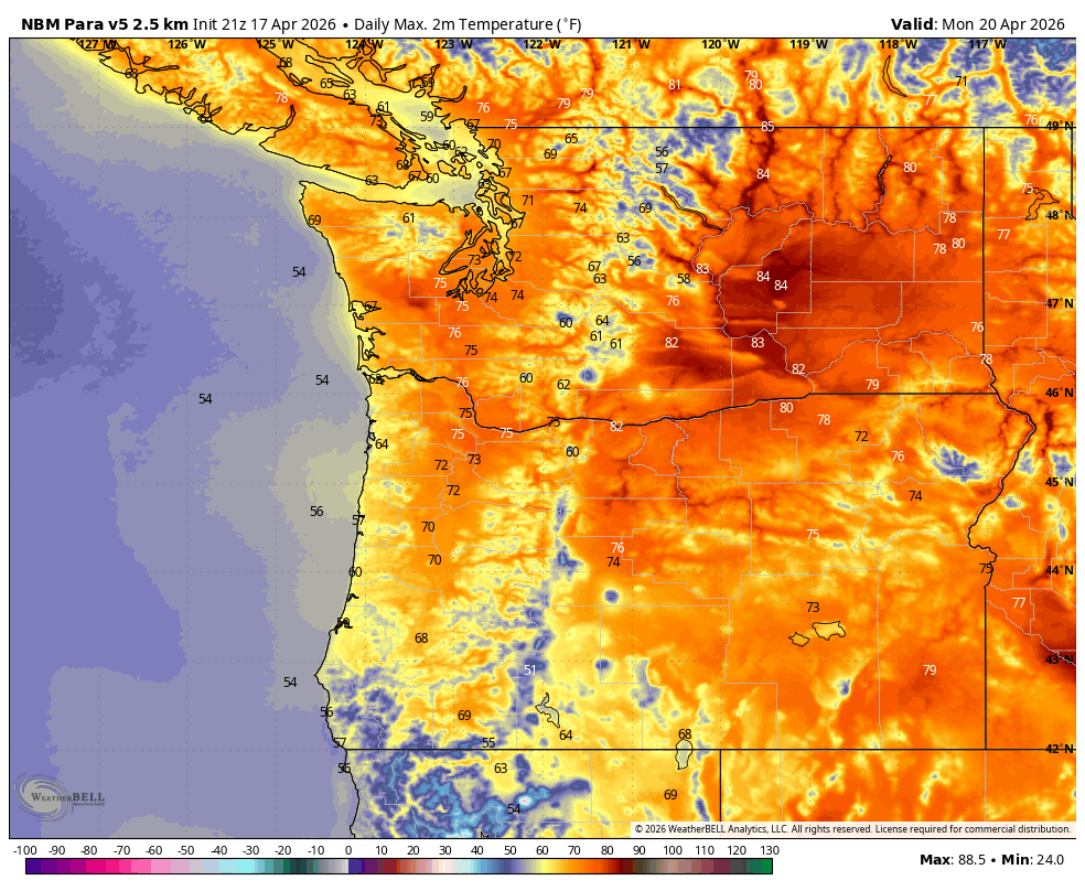 WhidbeyWXGuy's tweet photo. Several days of beautiful Spring and even early Summer-like warmth are coming to the PNW through Tuesday with widespread 70s away from the water and 80s in parts of Eastern Washington! Most of the sun will be filtered through high clouds, but it will still be very nice. https://t.co/yBYRnhiNCe