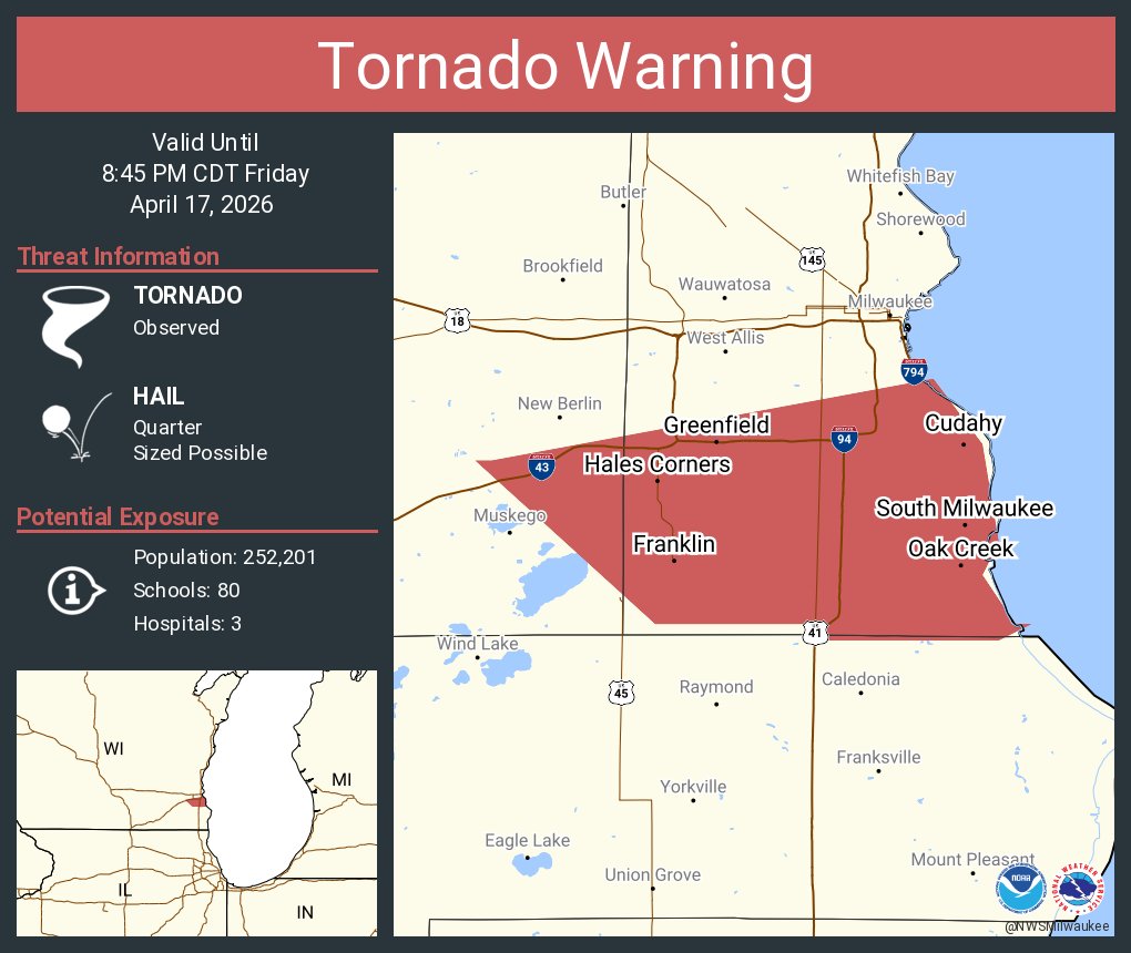 NWStornado's tweet image. Tornado Warning continues for Greenfield WI, Franklin WI and  Oak Creek WI until 8:45 PM CDT