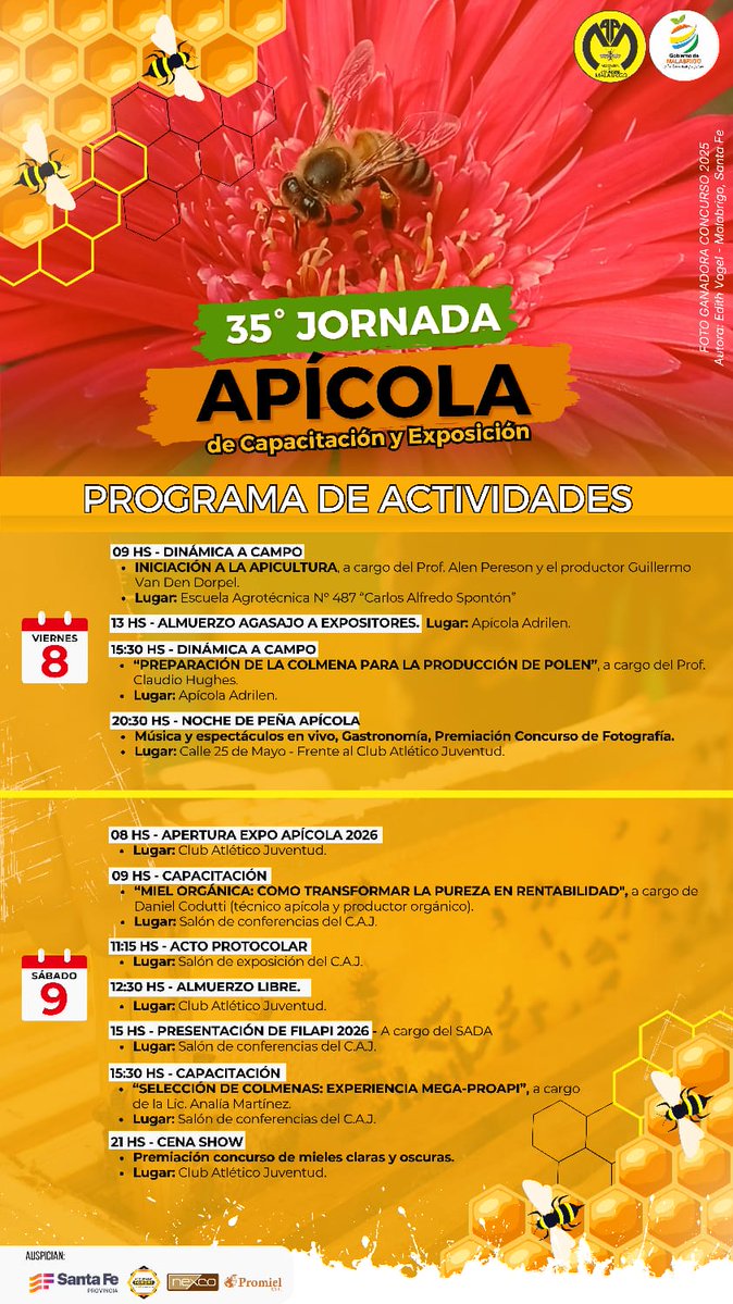 🗓️ TODO LISTO: Programación completa 35° Jornadas de Apicultura en Malabrigo, Santa Fe. Se viene uno de los encuentros más esperados del calendario apícola nacional. El 8 y 9 de mayo, Malabrigo se convierte en epicentro del sector con agenda técnica y comercial de primer nivel.