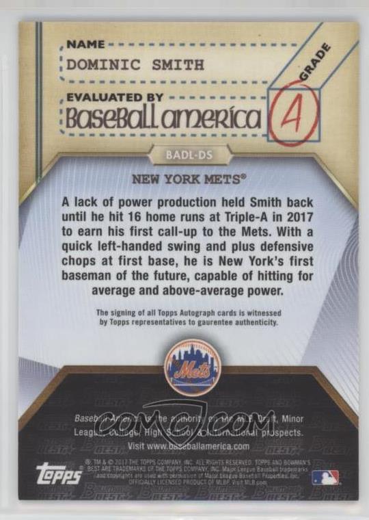 LimitedCards's tweet photo. 💵BASEBALL CARDS💵

⚾️ My daughter's most recent sale on @CheckOutMyCards:

2017 Bowman's Best Baseball America's 2017 Deans List Autographs #BADL-DS Dominic Smith #/75

New York Mets MLB

🫰 SOLD FOR $2.40 🫰

Much more available on COMC here:
https://t.co/gUGDeVJZI2
and on eBay:
https://t.co/o1D4UFDawn

#COMCLast5 #COMCMailday #TheHobby