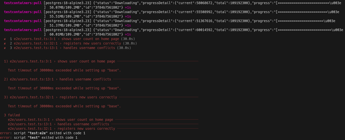 raycnwong's tweet photo. Was wondering why my heavy Playwright test was failing. With the DEBUG=testcontainers* env var, I realized it was because of my slow internet connection and an image pull timeout. Maybe the first step when using Playwright with Testcontainers should be increasing the timeout lol https://t.co/7D5JrA9Dal