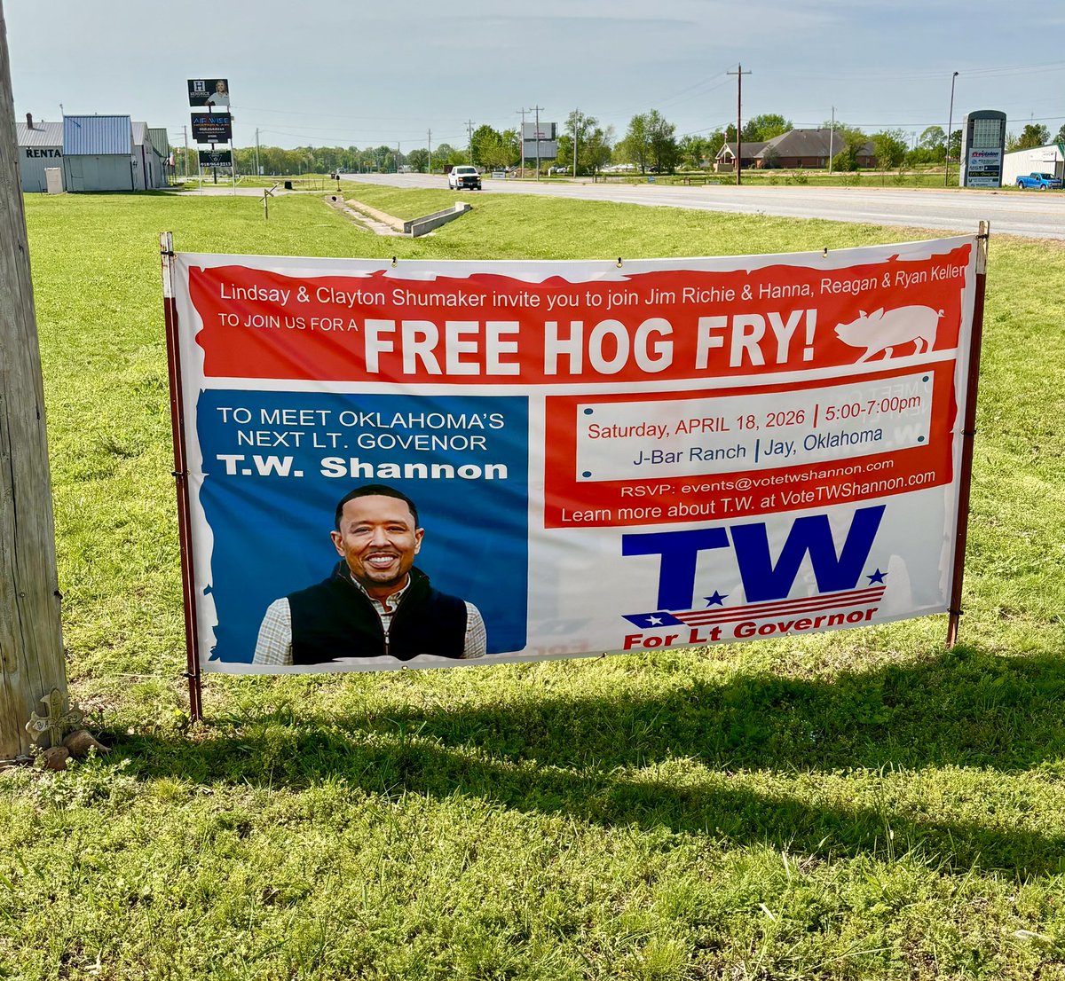 Banners are out and we’re just getting started 🔥

Jay, we’re coming your way. Y’all come join us for an old-fashioned good time. Great food, great folks, and a chance to talk about Oklahoma’s future.

Let’s make it a big one 👊

#JustGettingStarted #OklahomaFirst #TeamTDub
