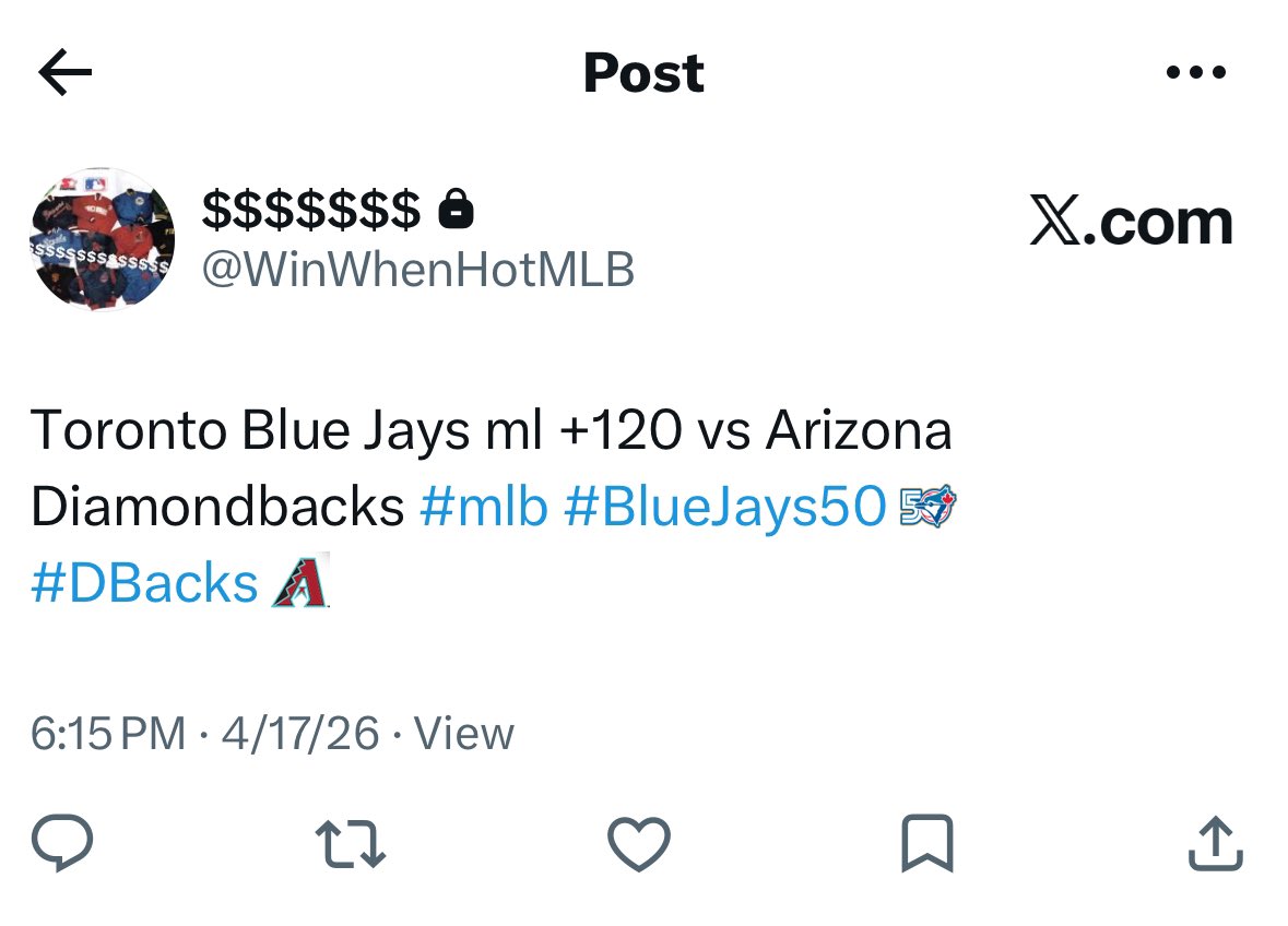NCAAflash's tweet photo. Toronto Blue Jays ml +120 vs Arizona Diamondbacks #mlb #BlueJays50  #DBacks https://t.co/A4d5s1iOi9