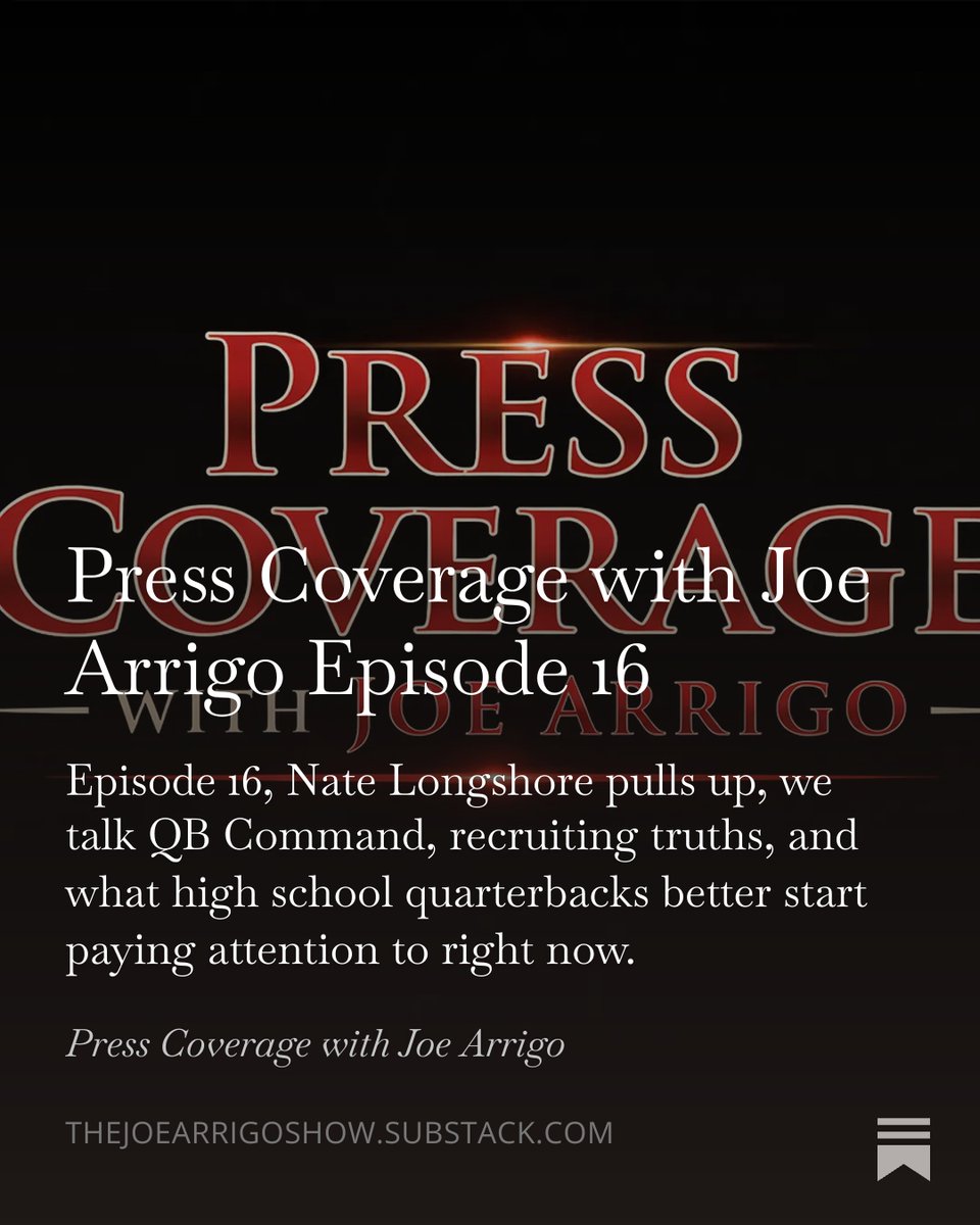 JoeArrigo_'s tweet photo. Press Coverage with Joe Arrigo Episode 16:
On Press Coverage with Joe Arrigo Episode 16, Nate Longshore (@mrlongshore) pulls up, and they talk QB Command, recruiting truths, and what high school quarterbacks better start paying attention to right now.
#QBMethod #Football #Recruiting #LasvegasHighSchoolFootball #BishopGorman #HighSchoolFootball #702HSFB
https://t.co/RQV5EgmZFa