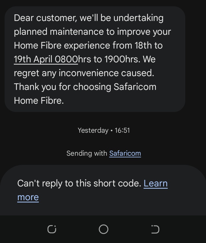 Kenyan_100's tweet photo. @Safaricom_Care @SafaricomPLC  first I found the message ambiguous will there be no internet from 18th 8am to 19th 7pm ? Also what's your plan to cushion us. I need internet as I work from home. What solutions are in place? https://t.co/MjmhF4JRBg