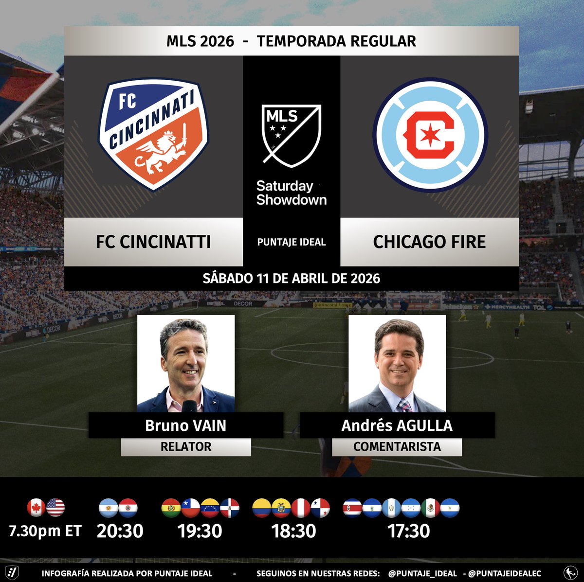 PuntajeIdealEC's tweet image. ⚽️ #MLS 🇺🇸 | #FCCincinnati vs. #ChicagoFire
🎙️ Relator: @brunovain 
🎙️ Comentarista: @aagulla_TV 
💻📱@AppleTV
🤳#CINvCHI - #SaturdayShowdown
Dale RT 🔃