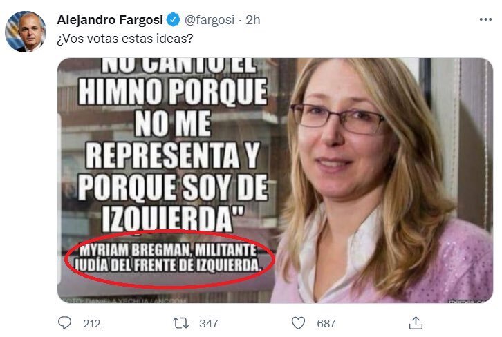 Solo acá y bajo la batuta de la <a href="/DAIAArgentina/">DAIA</a> , un tipo como <a href="/fargosi/">Alejandro Fargosi</a> quién hace unos años acusó a Myriam Bregman de no cantar el himno por ser "judía", puede integrar la Fundación Argentina de Lucha contra el Antisemitismo.