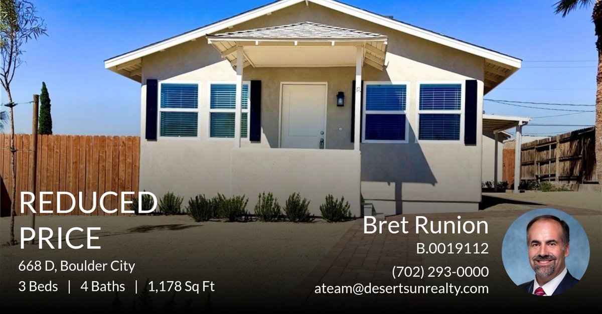 bretrunion's tweet photo. 📍 Reduced Price 📍 This recently reduced home at 668 D in Boulder City won't last long, so, don't wait to set up a showing! Reach out here or at (702) 293-0000 for more information!

Bret Runion, MBA
Broker / Owner
Desert Sun Real... https://t.co/10Fbzh7l1V https://t.co/9P1BQqHv3L