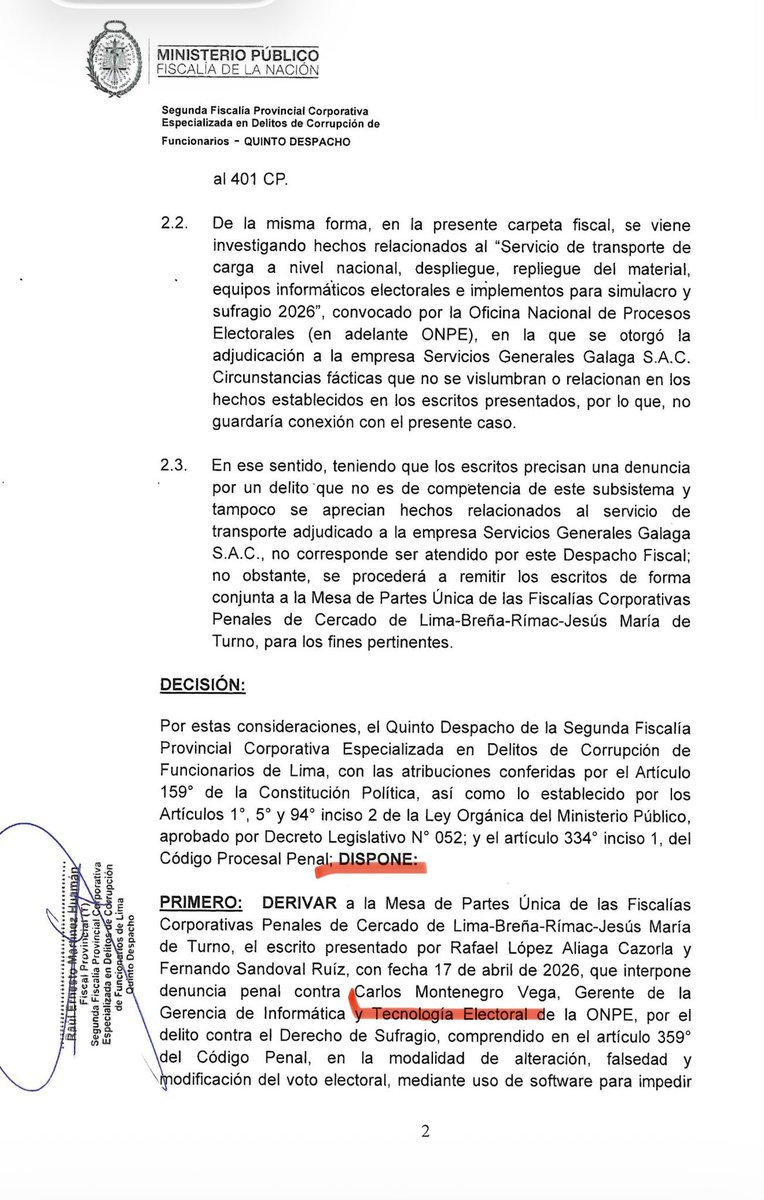 elorwelliano's tweet photo. OTRO DENUNCIADO MÁS DE LA ONPE
🚨ÚLTIMO: Amplían denuncia contra gerente de informática por desviar votos de López Aliaga.

El abogado @wilbermedinab amplió hoy su denuncia penal contra Carlos Montenegro Vega, gerente de informática de la ONPE, a quien señala como el ideólogo principal del desvío sistemático de votos a favor de @rlopezaliaga1 durante el proceso de digitalización de actas. 

Según la denuncia, Montenegro Vega habría manipulado el sistema informático para alterar resultados en favor del candidato de Renovación Popular, convirtiendo a la ONPE en lo que el letrado denomina una “organización criminal” que opera desde dentro del organismo electoral.

La ampliación de la denuncia, respaldada con nueva evidencia presentada, suma presión sobre la cuestionada entidad electoral y refuerza las graves irregularidades ya detectadas en el conteo manual independiente. 

López Aliaga, quien según verificaciones privadas superó por casi 181 mil votos a Roberto Sánchez Palomino, ve fortalecida su posición mientras crecen las exigencias de auditoría total y de investigación profunda contra los funcionarios responsables de la supuesta manipulación digital. 

¡La ONPE está acorralada!