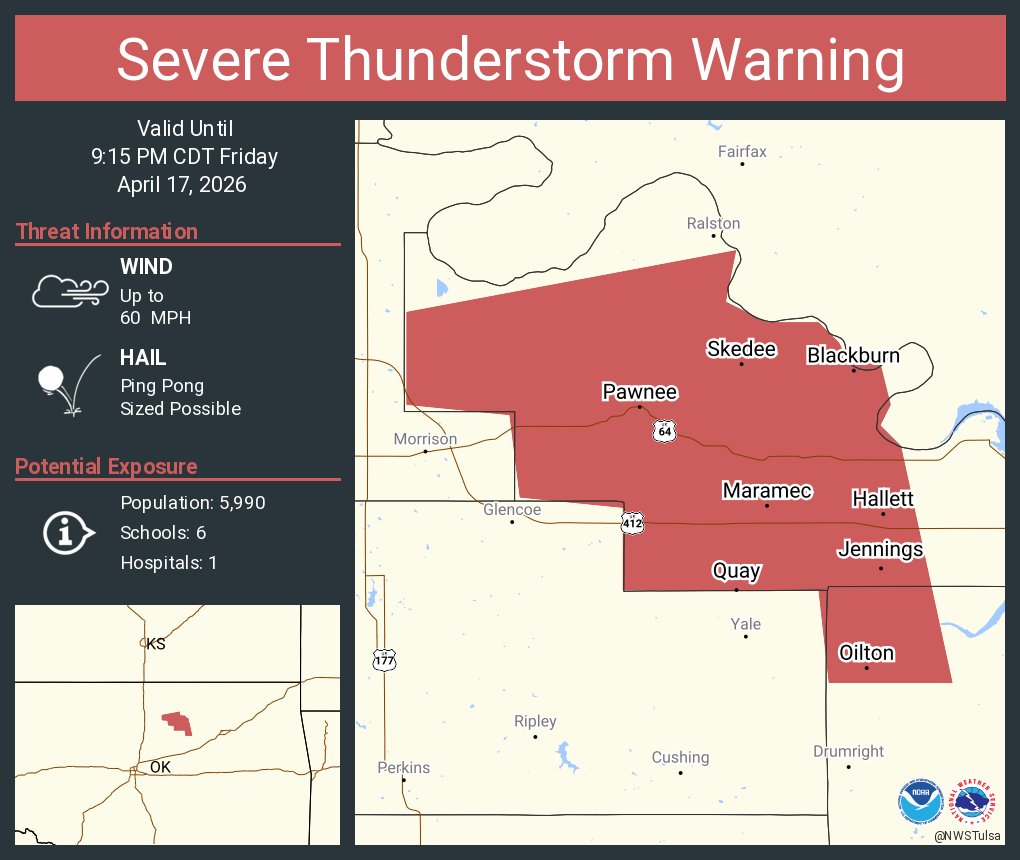 Severe Thunderstorm Warning including Pawnee OK, Oilton OK and  Jennings OK until 9:15 PM CDT