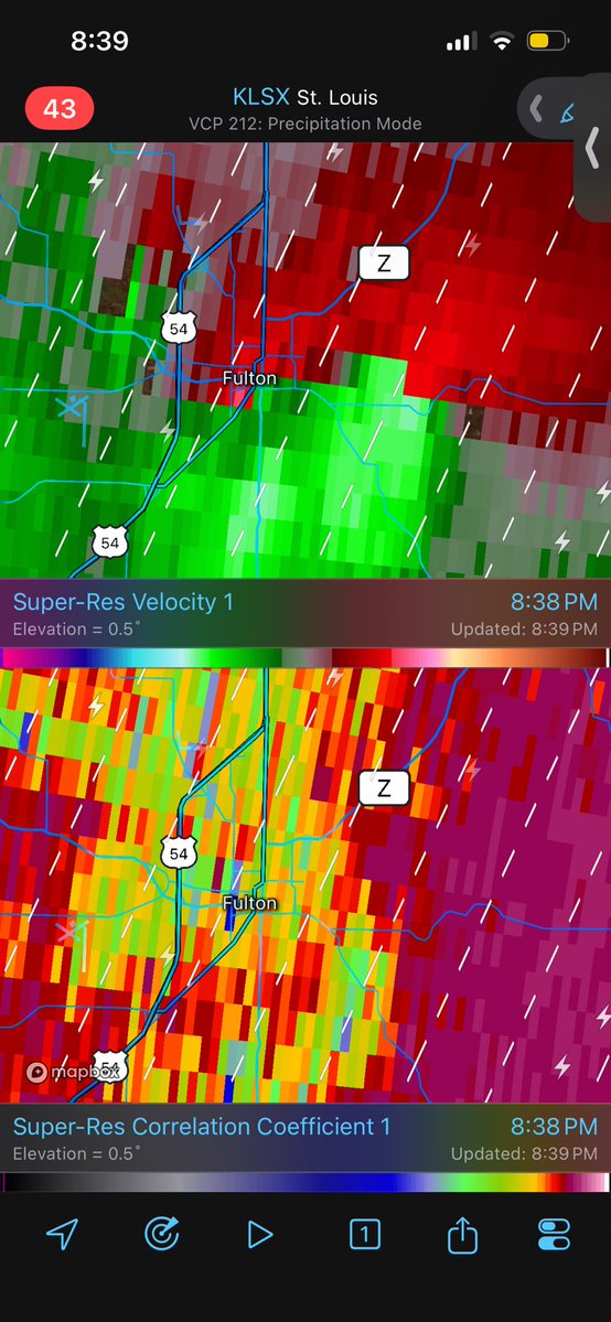 Really hard to tell however Fulton, MO might of got hit by a strong tornado if that’s is a true debris signature.
