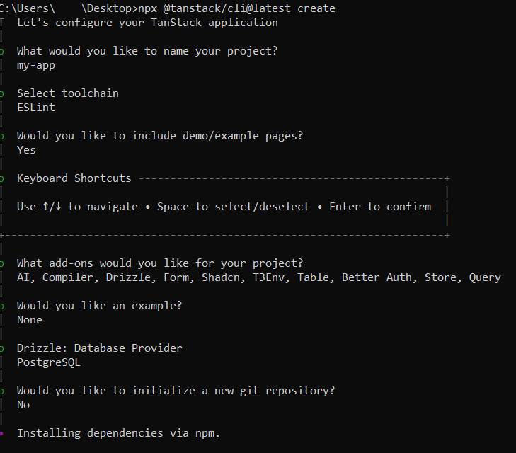 MGSimard's tweet photo. @tannerlinsley No, `npx @tanstack/cli@latest create` doesn't prompt me for deployment adapter. Tested cmd, powershell and bash on Windows.

Name > Linter > Demo > add-ons > init

Bash also hangs after project name entry, which I can't reproduce with other CLIs like shadcn's init. https://t.co/p79dtTzYz5
