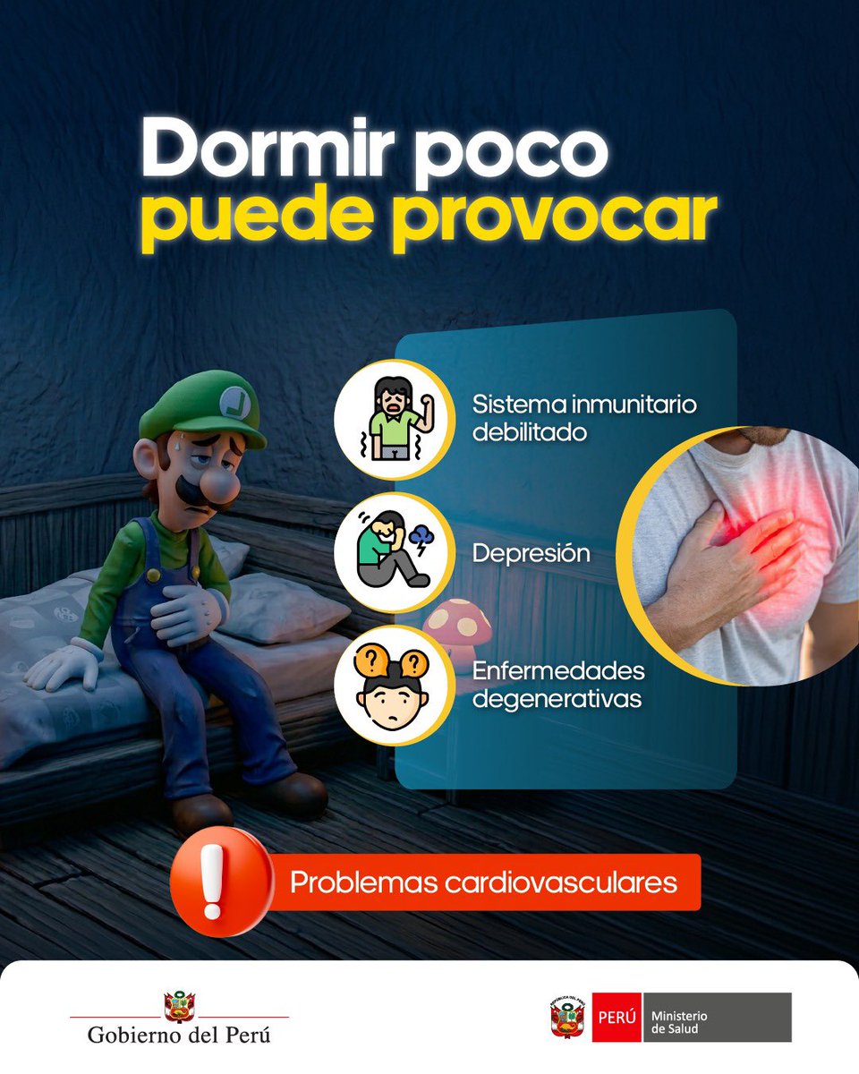 Minsa_Peru's tweet photo. ¡Tu cuerpo también necesita cargar batería! 🔋🍄

No dejes que tu salud caiga en "Game Over". Al igual que tus personajes favoritos, para rendir al máximo en el día a día, necesitas un descanso de calidad. 

No ignores el aviso de batería baja y sigue estos consejos para mejorar tu sueño. 😴✨