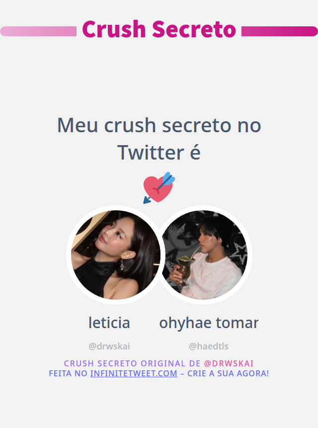 Meu crush secreto no Twitter é <a href="/haedtls/">ohyhae tomando chimarrão🧉</a>

➡️ infinitetweet.me/secret-crush?l…