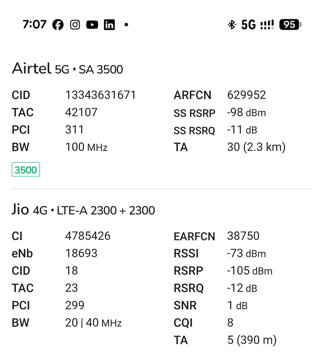 alfiabraham's tweet photo. Wait, I thought @airtelindia 5G SA 📶 was coming next month? My @NetMonsterApp is already showing it as LIVE in Chennai! Seeing a solid 100MHz bandwidth on the 3500 (n78) band. Early rollout or just testing? @airtelnews @FoneArena @TelecomTalk #Airtel5G #5GSA #Chennai https://t.co/7cVTdvOrnV