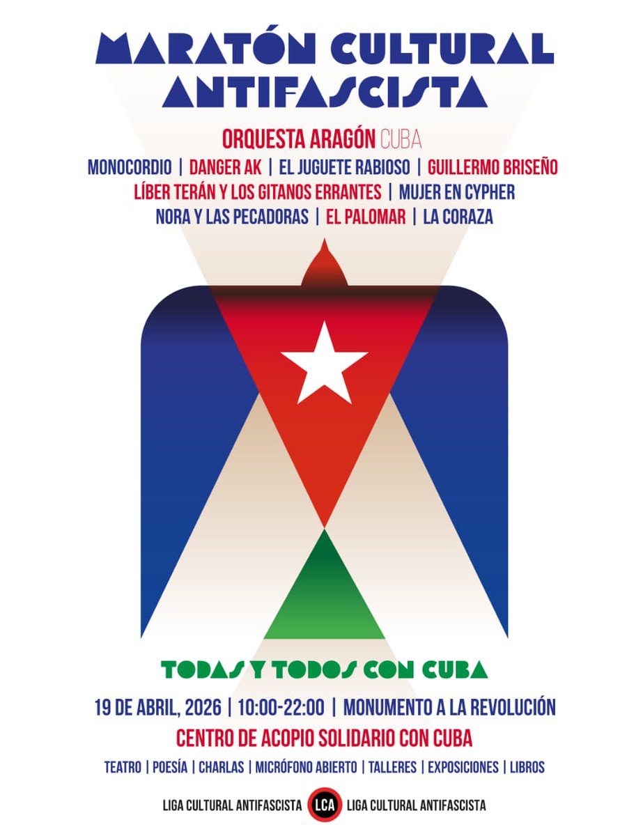 Llegó la Aragón a México, la gran orquesta de música popular cubana participará en el Maratón  Cultural Antifascista el domingo 19 de abril en el Monumento a la Revolución. Todas y Todos con Cuba #CubaNoEstaSola