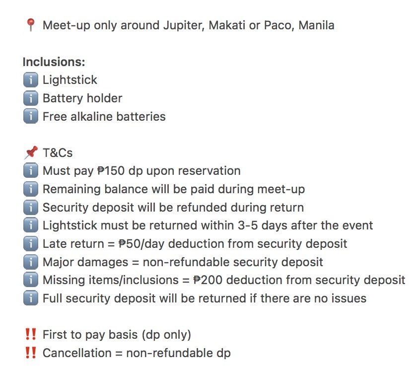 wtr lfr ph
exo (eribong) official lightstick for rent

for exhorizon in manila

🧧 ₱700 (1 day rent) 
🧧 ₱1,200 (day 1 and 2) 
🧧 ₱1000 (refundable deposit)

ℹ️ ₱150 dp 
ℹ️ rembal will be paid during meet up

📍meet up only