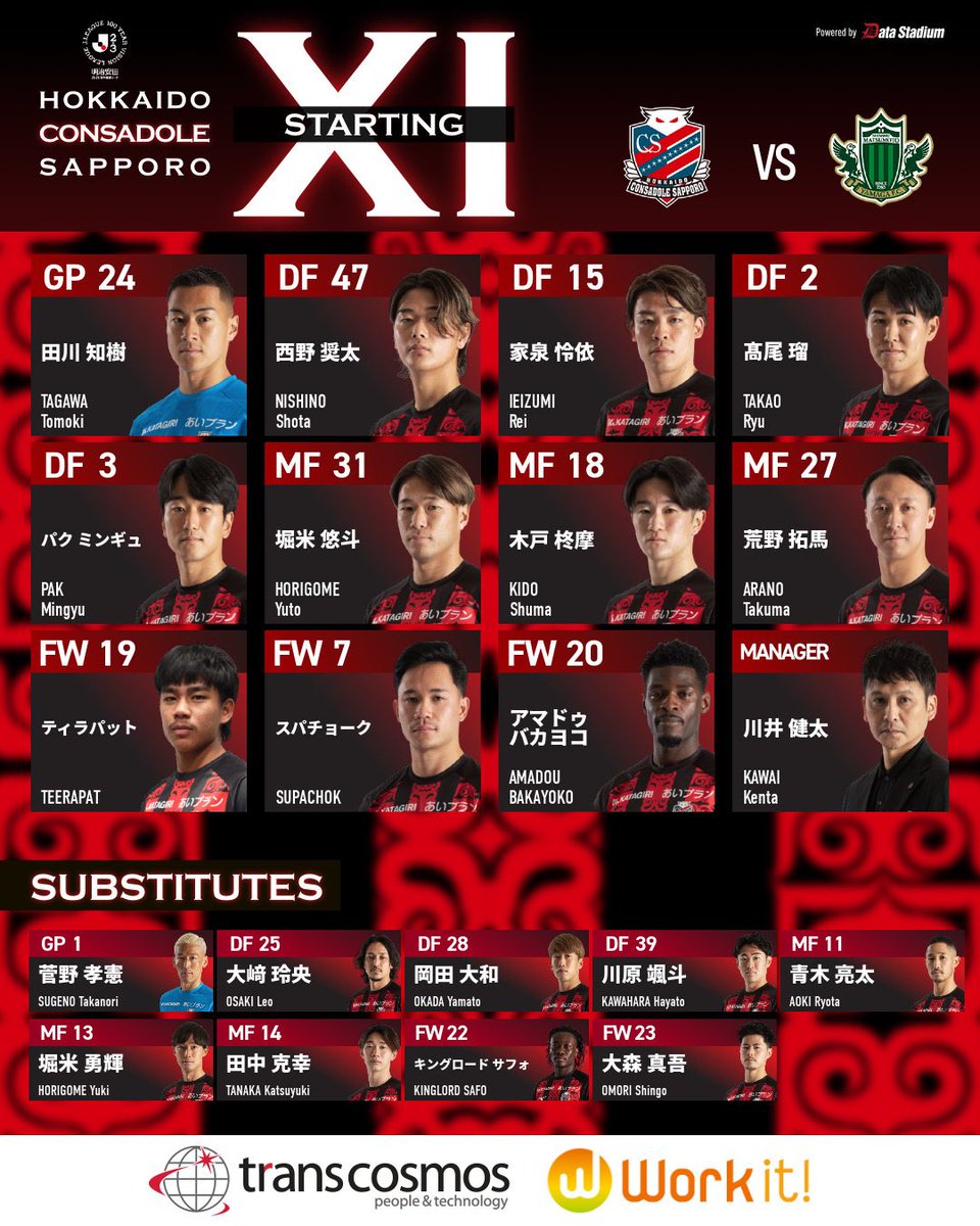 consaofficial's tweet photo. 🔺STARTING XI🔺

🏆明治安田J2・J3百年構想リーグ 第11節
🆚#松本山雅FC
🗓 4/18(土) 13:00KICKOFF
🏟#札幌厚別公園競技場

#consadole #コンサドーレ
#試合も働きごこちも全力応援トランスコスモス

DAZN の加入・視聴が強化につながる📺
→https://t.co/MqRJTDY8SJ

スポーツくじWINNER がクラブ強化に🎉
→https://t.co/4ytNJICpDC

#PR