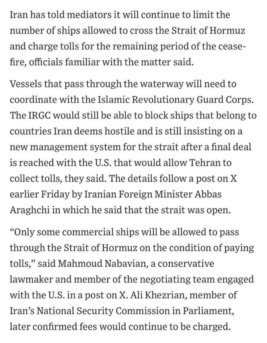 TheNavroopSingh's tweet photo. Iran has told mediators it will continue to limit the number of ships allowed to cross the Strait of Hormuz and charge tolls for the remaining period of the cease-fire, officials familiar with the matter said. - WSJ 
https://t.co/WhQ20dN4CT https://t.co/QLTsidzvs8