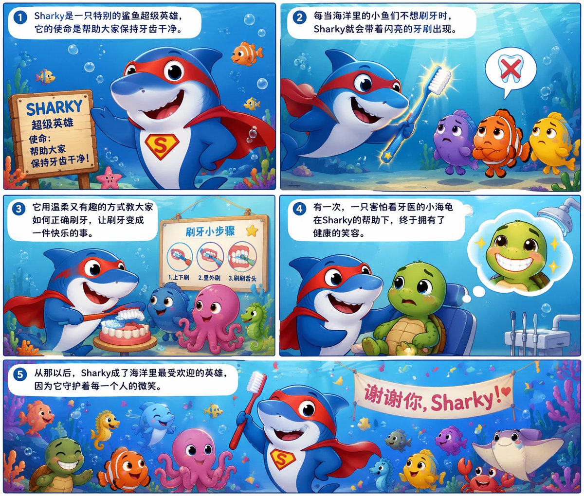 MaxLu3t's tweet photo. ChatGPT: 编写一个五句话左右的关于“Sharky”的简短故事，它是一只帮助别人刷牙的超级英雄鲨鱼。以项目符号列出每个句子。 https://t.co/O5THxiJ8Pc