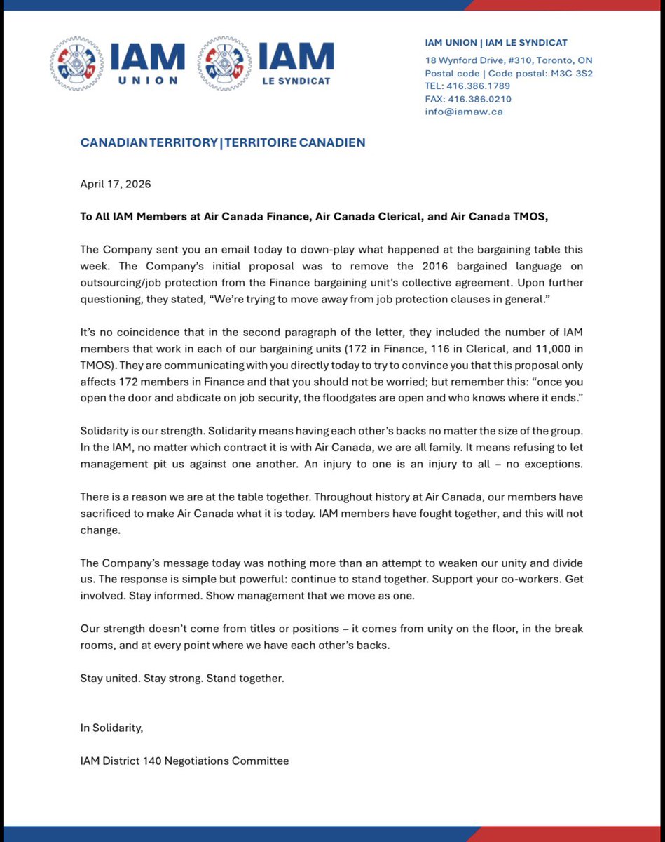 140District's tweet image. IAM District 140 Negotiations Committee – To All IAM Members at Air Canada Finance, Air Canada Clerical, and Air Canada TMOS iam140.ca/?p=33792 #IAM #union #canada #D140 #labour #AirCanada
