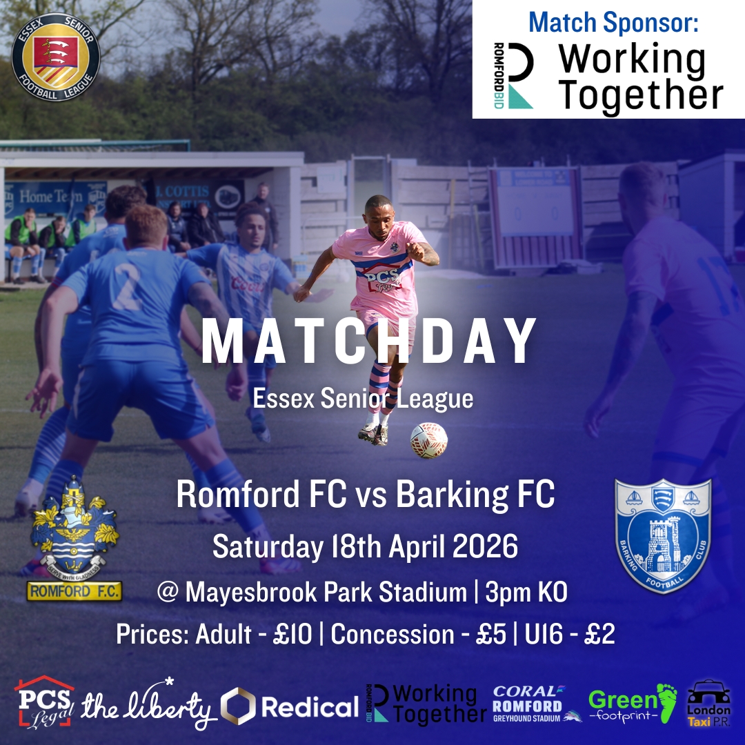 RomfordFC's tweet photo. Big Local Derby TODAY! Don't miss some great football action as Romford FC hosts landlords Barking FC in a hugely important game for both sides.

📘 Printed Programme
🍔 Hot food
🍺 Stocked bar
🏟️ Mayesbrook Park Stadium, RM8 2JR
📅 Sat 18th April
⏰ 3pm
💷 Adults £10 | Conc £5 https://t.co/MesljwWPeD