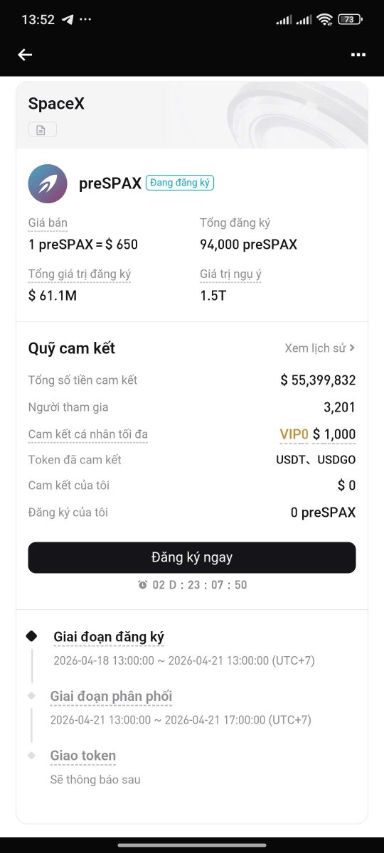 IPO Prime – preSPAX đang mở bán rồi... 🔥

Ảo thật vừa vào thì thấy tận 3201 user tham gia mua rồi à, IPO đầu tiên này tính ra ae fomo phết.

-> Tổng pool tham gia là 55M $ ac thật😬

Không biết kèo này có húp được gì không đây =) thôi chờ 2 mốc quan trọng nữa