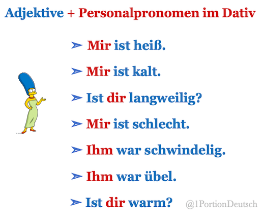 1PortionDeutsch's tweet image. #Grammatik-Klassiker #Deutschlernen #LearnGerman

𝗔𝗱𝗷𝗲𝗸𝘁𝗶𝘃𝗲 + 𝗗𝗮𝘁𝗶𝘃

Vergleiche:
Ich bin schlecht - I am bad
Mir ist schlecht - I feel sick