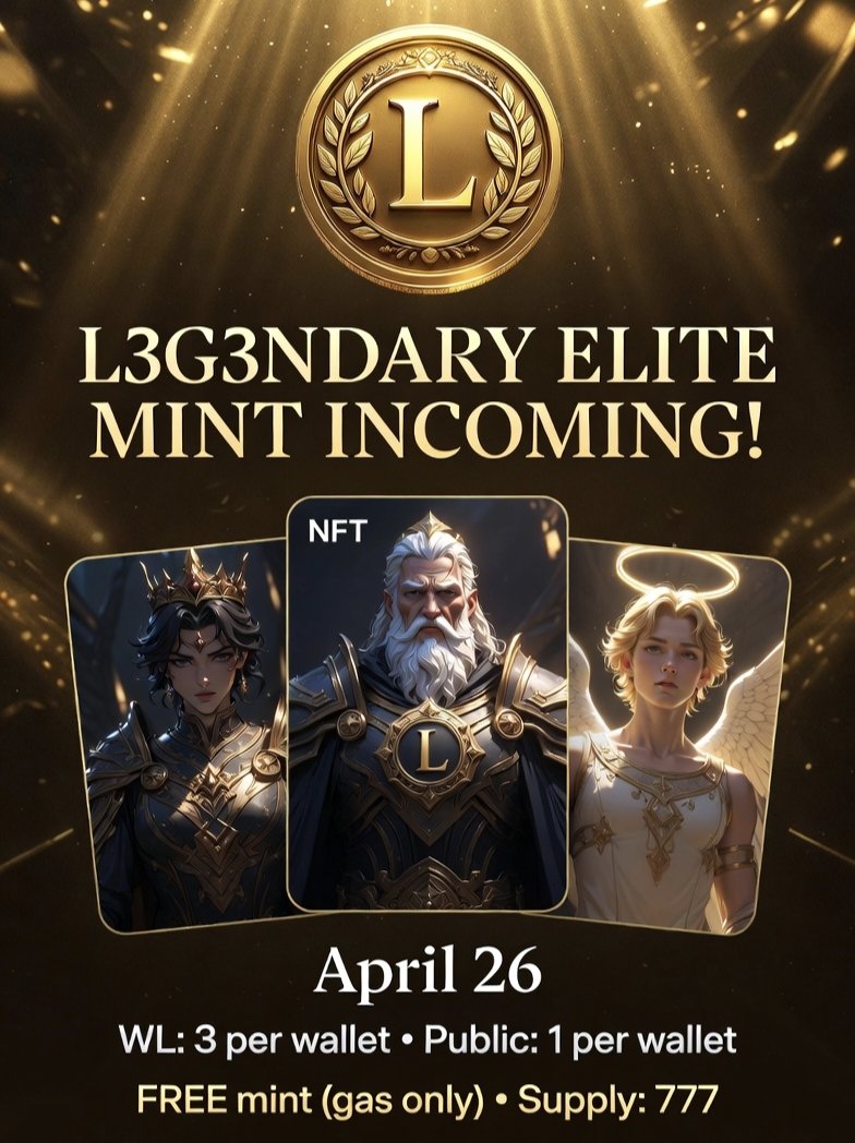 guncelkriptocom's tweet image. 🚨 L3G3NDARY Elite Mint Incoming!

🗓 April 26 — mark your calendar

• WL: 3 NFTs per wallet
• Public: 1 NFT per wallet

💸 FREE mint (gas only)
🎯 Supply: 777 NFTs

⭐ Add to your OpenSea watchlist NOW so you don’t miss the drop: 
🔗opensea.io/collection/l3g…

#NFT #Freemint