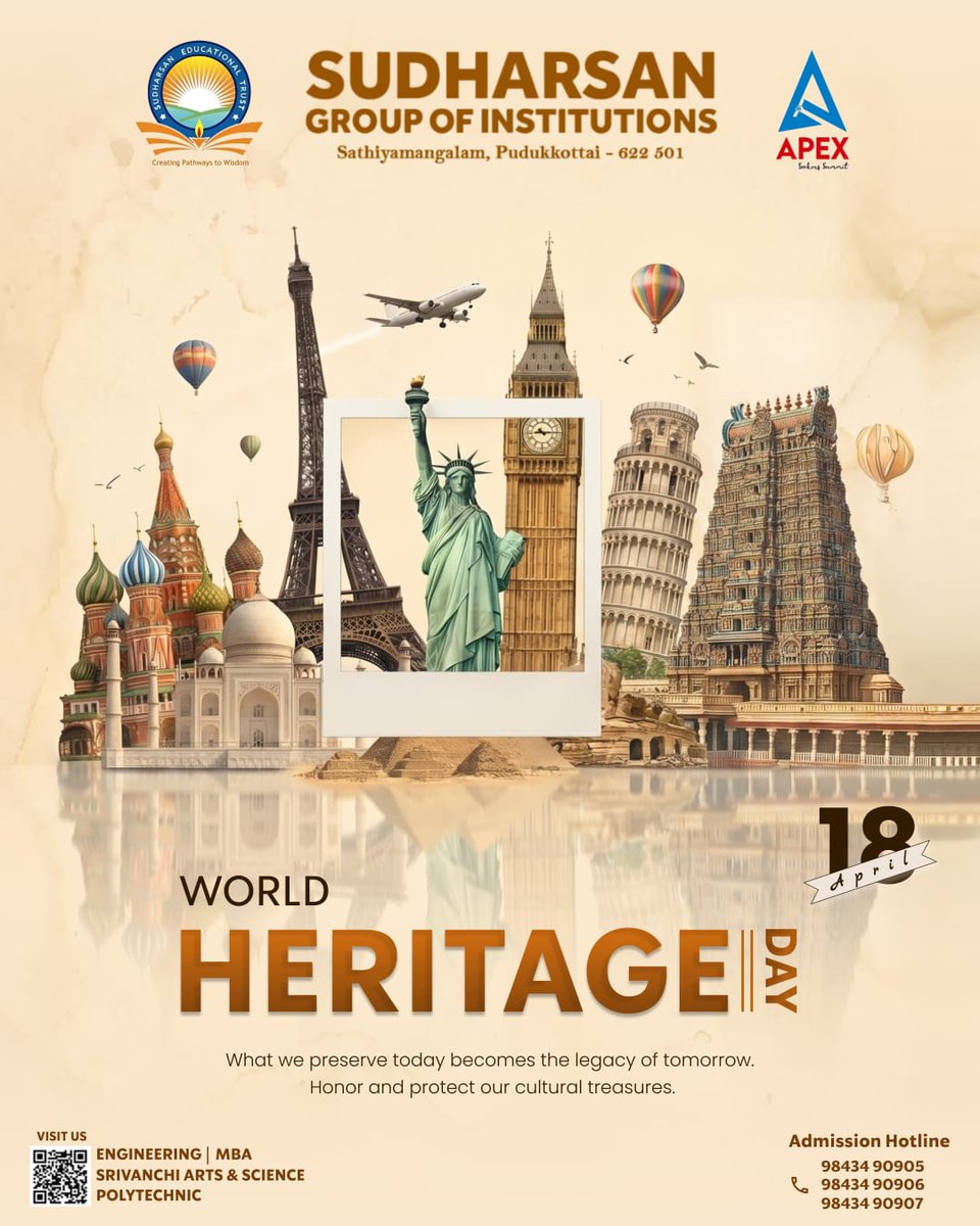 Spc_Campus's tweet image. World Heritage Day | 18 April
From global wonders to our local temples, heritage connects us all. 
Sudharsan Group of Institutions believes in nurturing talent that values culture while building the future.

#WorldHeritageDay #SudharsanGroup #Engineering #MBA #Polytechnic
