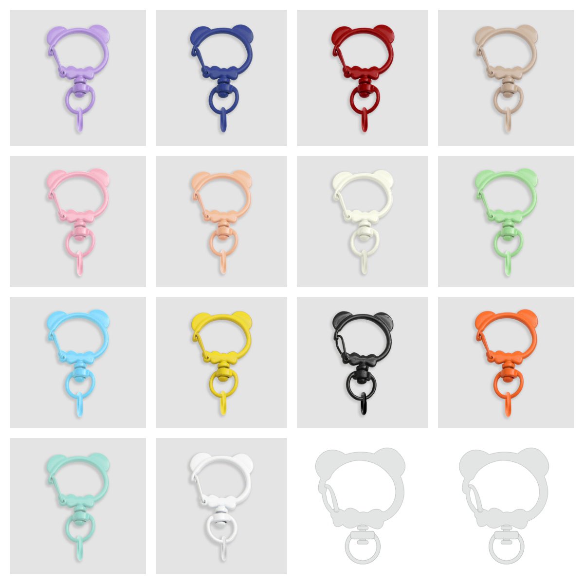 来週、アクリルキーホルダー用のこちらのくま型リングパーツが新登場予定です。
カラーは全14色をご用意しております。
ぜひお楽しみに。