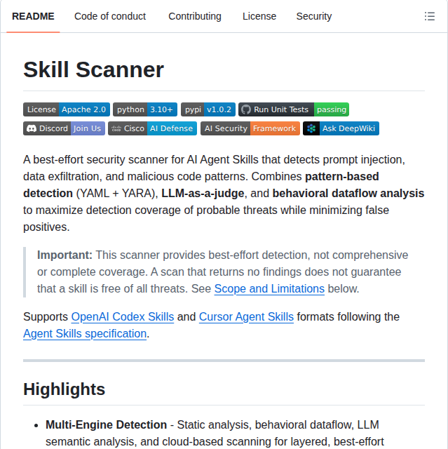 Skill Scanner README 展示针对 AI 智能体技能的多引擎检测