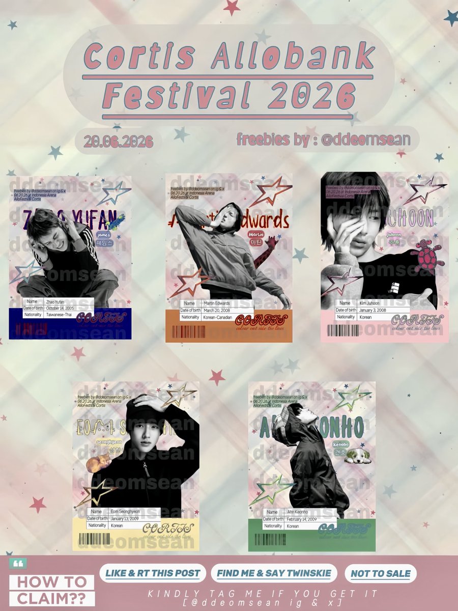 [ RT &amp; LIKE ARE APPRECIATED ]
── ⋆⋅𖤓⋅⋆ ──── ⋆⋅𖤓⋅⋆ ──── ⋆⋅𖤓⋅⋆ ──
.ᐟ CORTIS AlloBank Festival 2026 .ᐟ
freebies by : <a href="/ddeomsean/">𝓜eyL 🅽🆈🅾🅽🅼🅰🅽🅸🅰 ACAI 🫐</a> 🫐

⛔️. LIMITED QUANTITY
🗓️. 20 June 2026
📍. Indonesia Arena
⏰. TBA
💌. More details on pic ( bottom corner ) 

SEE Y’ALL 💗