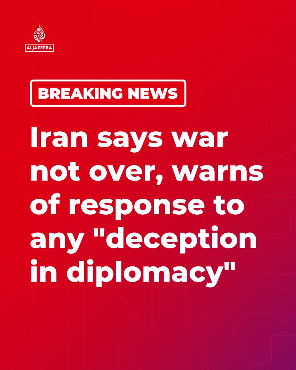 AJENews's tweet photo. BREAKING: Iran’s Defence Ministry spokesman Reza Talaei says the war with the US has not ended and warns Iran will respond to any "deception in diplomacy", adding that opening the Strait of Hormuz to non-military ships is conditional on a ceasefire in Lebanon. https://t.co/yuGASd21jJ