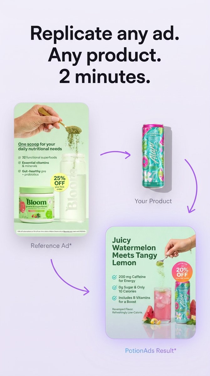PotionAds's tweet photo. Now you can replicate any AD in the world, and put your product image, then get an ad you can run ASAP https://t.co/59frSUaPbv