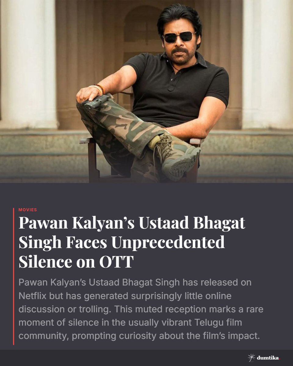 DumtikaMedia's tweet image. Pawan Kalyan's #UstaadBhagatSingh hits Netflix but faces an unusual silence online. What’s behind the muted buzz in Telugu cinema circles? Dive into the unexpected quiet around this much-anticipated release. #TeluguFilms #OTT
