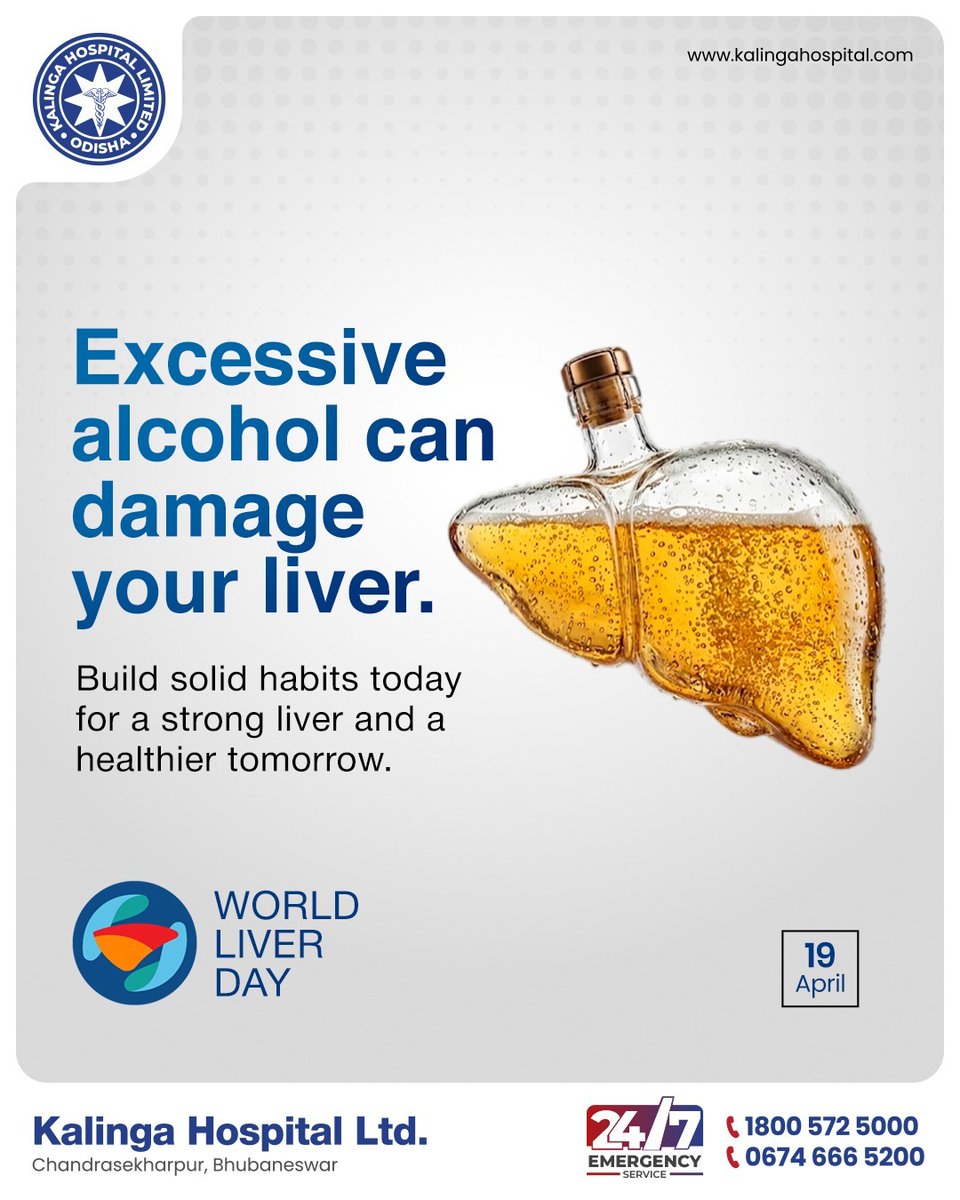 HospitalKalinga's tweet image. Excessive alcohol can harm your liver ⚠️
This World Liver Day, choose healthier habits for a better tomorrow.
✔ Eat right
✔ Stay active
✔ Regular check-ups

📍 Kalinga Hospital, Bhubaneswar
📞 24/7: 1800 572 5000

#WorldLiverDay #LiverHealth #StayHealthy