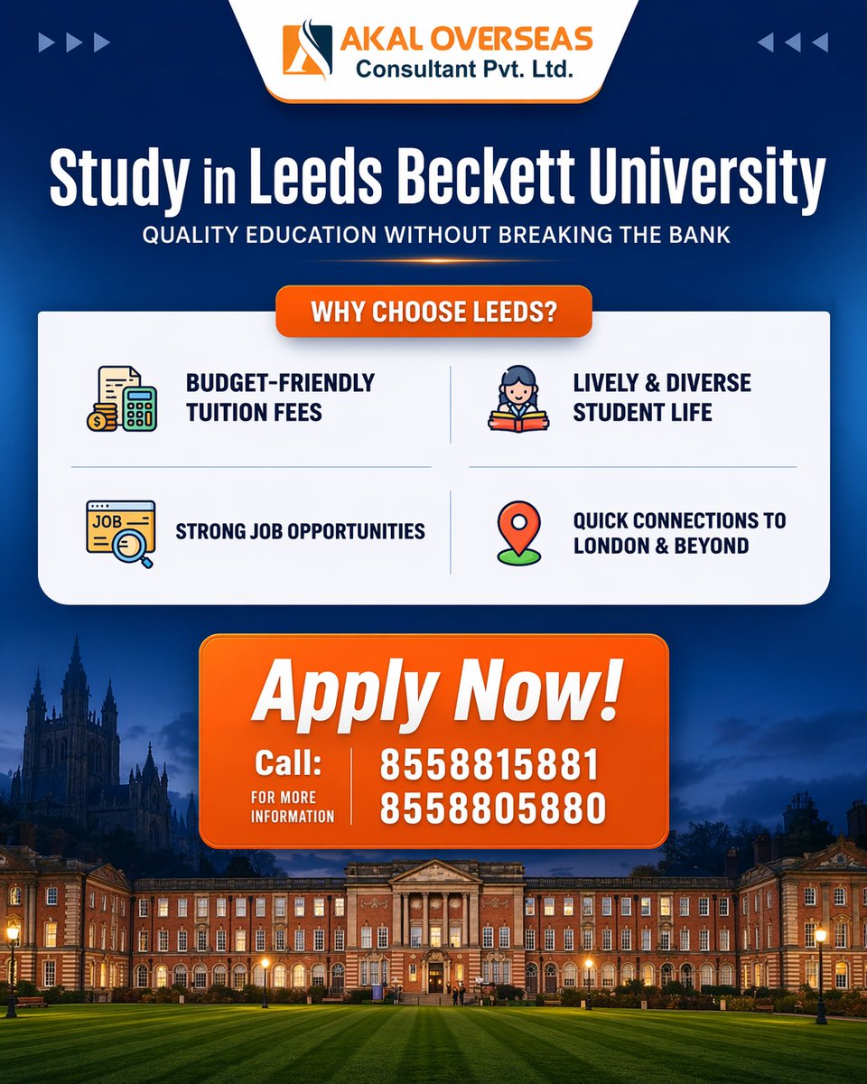 akaloverseasc's tweet image. Study at Leeds Beckett University 🇬🇧🎓
Affordable fees, vibrant life &amp;amp; great career opportunities!
📞 +91 8558815881 | +91 8558805880

#StudyInUK #LeedsBeckett #StudyAbroad