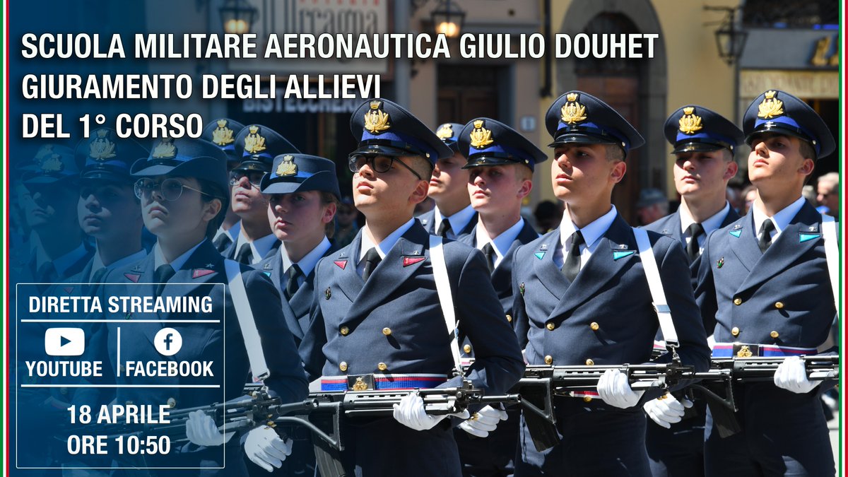 ItalianAirForce's tweet image. Oggi, a Firenze, la cerimonia di #giuramento e battesimo degli allievi del 1° corso della Scuola Militare Aeronautica Giulio Douhet.
#Live, dalle ore 10:50, su #Youtube e #Facebook
➡️ youtube.com/live/dVuUVfYB9…
➡️facebook.com/AeronauticaMil…

#AeronauticaMilitare #latuasquadrachevola