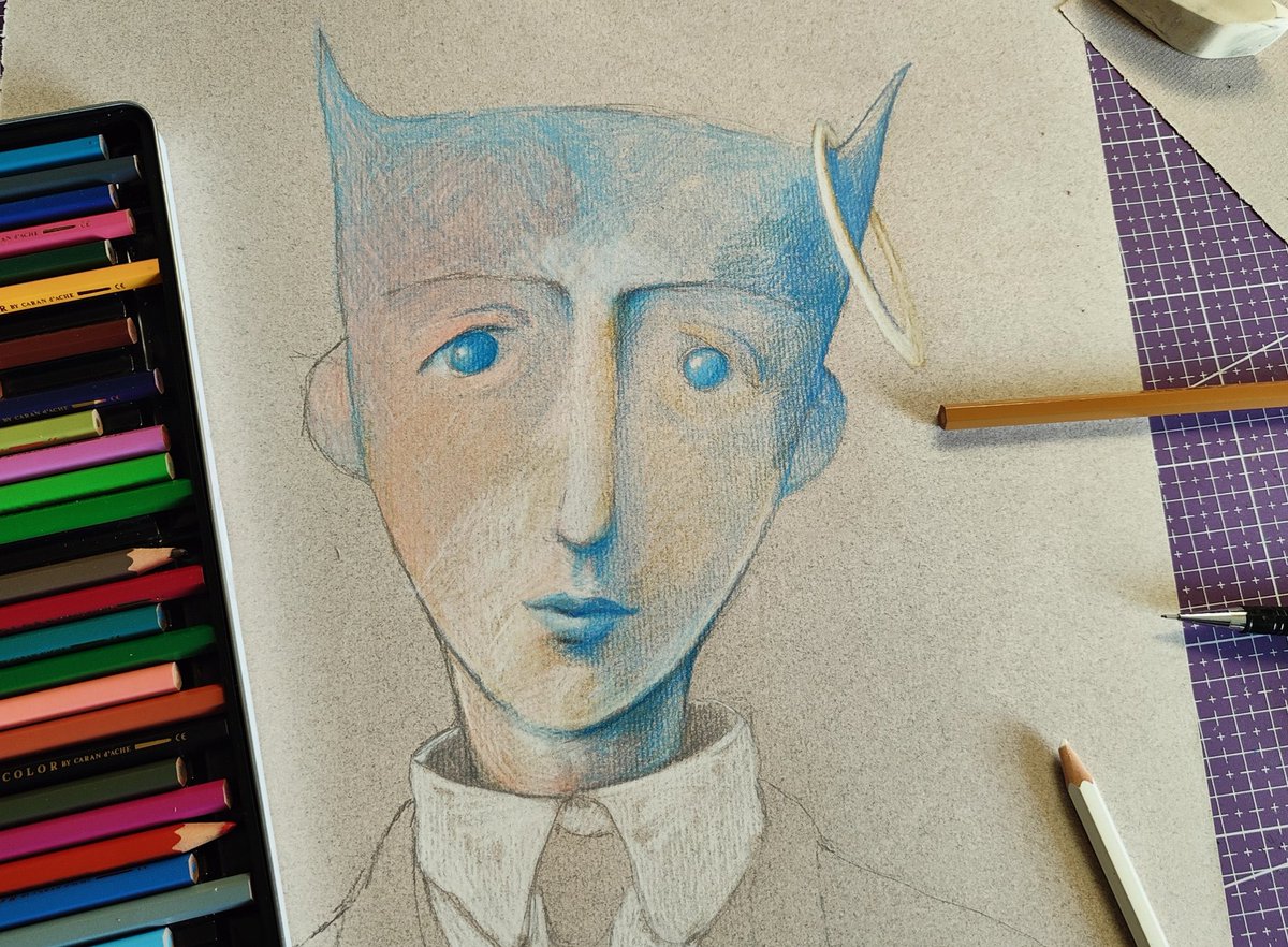 Atelier462's tweet image. A devil, but with a halo...
#art #sketch #workinprogress #drawing #crayon