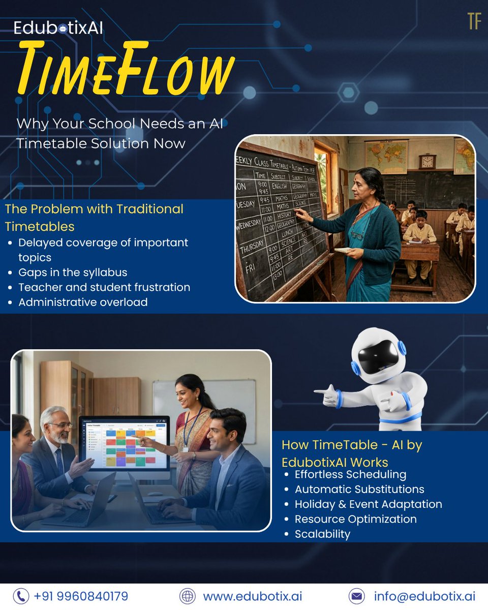 EdubotixAi's tweet image. AI is transforming education 🎓
With EdubotixAI:
📊 Real-time insights (Dashlytics)
📝 Smart assessments (AssessPro)
⏱ Automated timetables (TimeFlow)
💳 Easy fee management (PayFlow)
Smarter schools start here 🚀
🌐 edubotix.ai
#EdTech #AIinEducation #SmartSchools