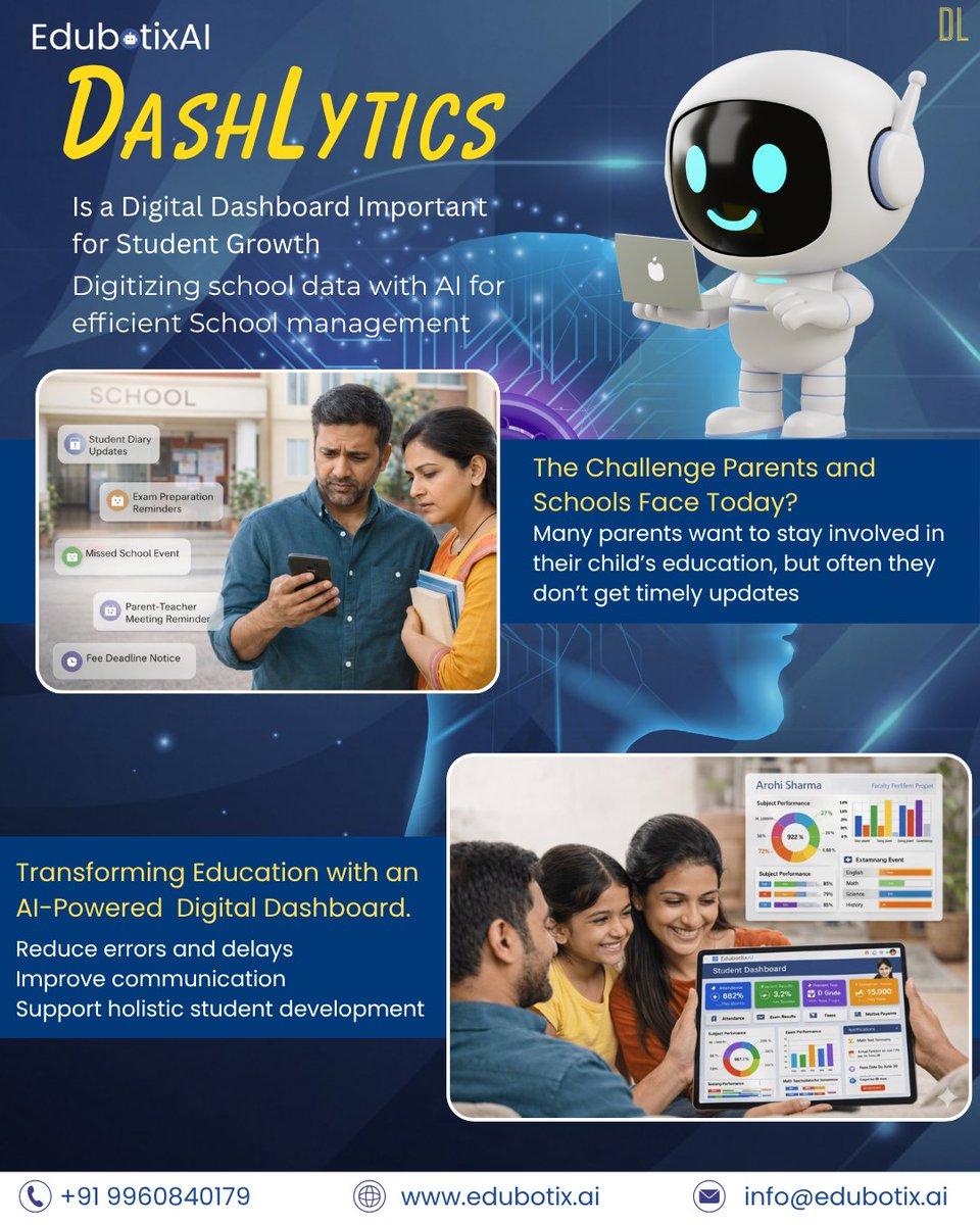 EdubotixAi's tweet image. AI is transforming education 🎓
With EdubotixAI:
📊 Real-time insights (Dashlytics)
📝 Smart assessments (AssessPro)
⏱ Automated timetables (TimeFlow)
💳 Easy fee management (PayFlow)
Smarter schools start here 🚀
🌐 edubotix.ai
#EdTech #AIinEducation #SmartSchools