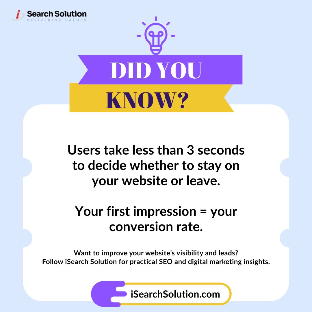 isearchsolution's tweet image. Users take &amp;lt; 3 seconds to decide whether they stay on your website.

First impression = conversion rate 

Website experience directly impacts leads &amp;amp; growth.

#SEO #ConversionRate #UX #DigitalMarketing #ISearchSolution