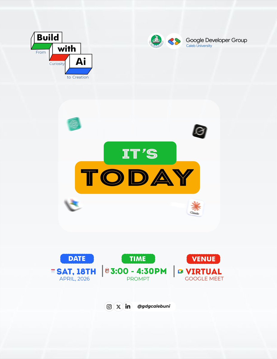 gdgcalebuni's tweet image. 🚀HAPPENING TODAY

BUILD WITH Al: From Curiosity to Creation Idea → real product💻✨
Live coding. Real tools.

⏰3PM (Lagos)
📍Google Meet

🔗 Join the session : meet.google.com/gkq-sdao-cfn

#gdgcalebuni #buildwithai #techcommunity