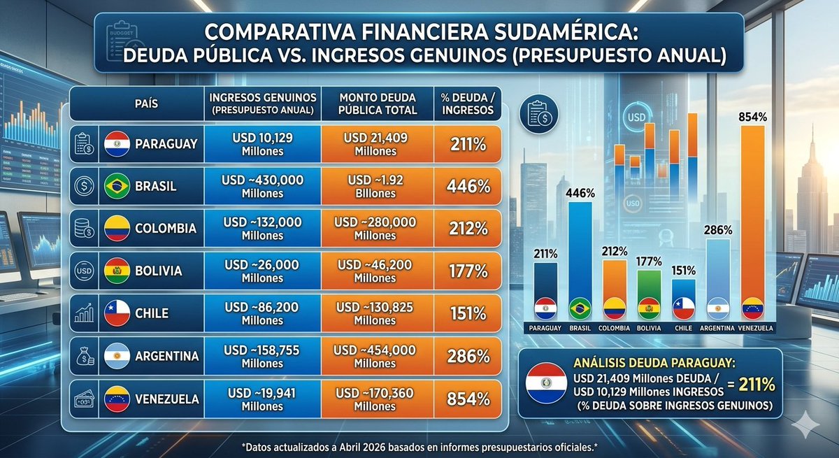 Los números reales matan el maquillaje y el relato de: "Somos unos de los países con menos deuda pública de la región". Claro, porque lo maquillan comparando con el PIB, no con el Presupuesto. 

La Deuda Pública se paga con impuestos. Al menos, esa es la teoría. En Paraguay, con