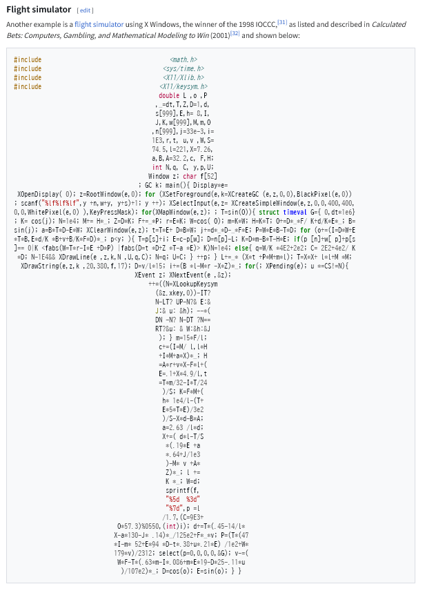 neoclassic_tech's tweet photo. 国際難読化 Cコードコンテスト
#IOCCC (International Obfuscated C Code Contest)
https://t.co/ipAftPw7Do
https://t.co/Dqts6at9EF https://t.co/t6GmEZ0N2V