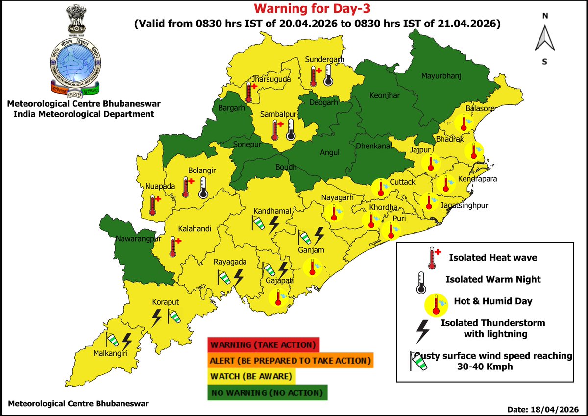 mcbbsr's tweet image. Warning for the State.
Day-1 to Day-7 : Hot and Humid Day, Isolated Thunderstorm, Lightning &amp;amp; Gusty Wind Warning.
Day-2 to Day-4 : Isolated Heat Wave Warning.
Day-1 to Day-5 : Isolated Warm Night Warning.
#heatwave #thunder #humid #Warning #Odisha #odishaweather #WeatherUpdate