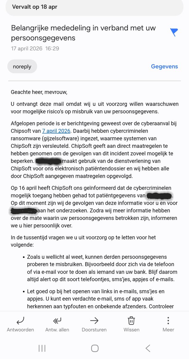 hvwer's tweet photo. Eerst al mijn gegevens bij criminelen via #Odido, nu ook mijn medische gegevens gelekt via  #Chipsoft.
Gaat lekker..... https://t.co/OvnPqhMbBA